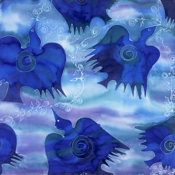 image shows three large blue birds flying against a mottled blue background with four more birds flying off the paintings edges