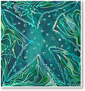 image shows a painting of a turquoise starfish