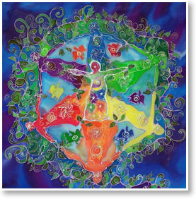 image of a painting with six women in rainbow colours in a mandala shape