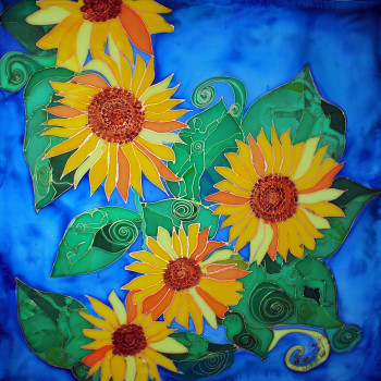 image of a painting of a bright blue background with three large colourful sunflowers
