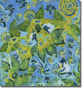 image shows a painting of turquoise green and yellow angels with leaf wings